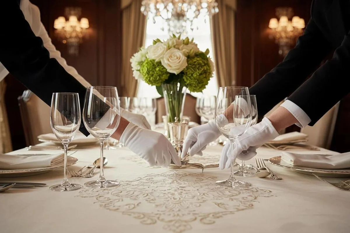 White-gloved staff arranging cutlery on an elegant dining table with a floral centerpiece