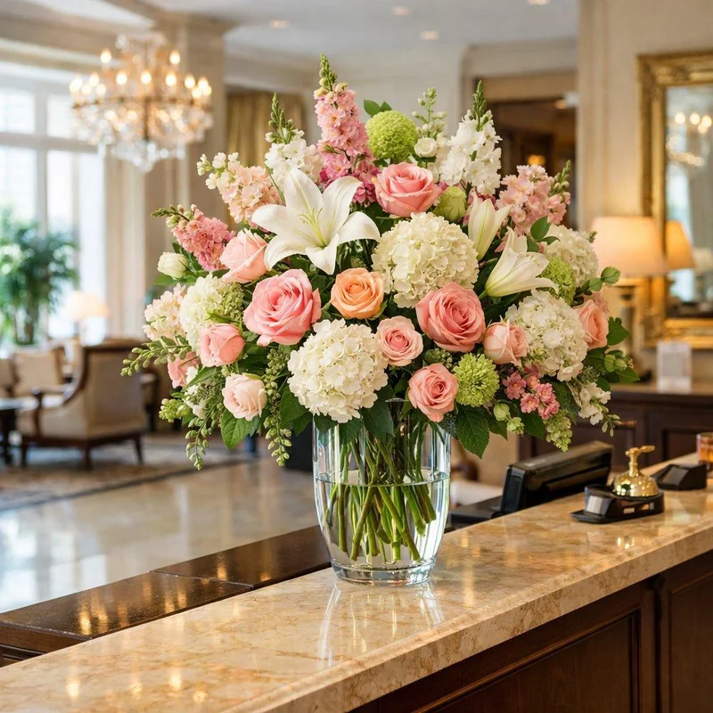 Pink and white floral arrangement on a marble hotel reception counter