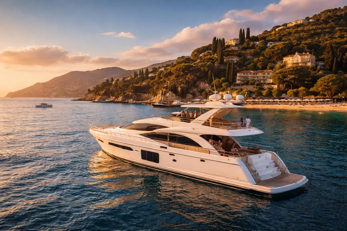 White motor yacht anchored beside a wooded coastline at sunset