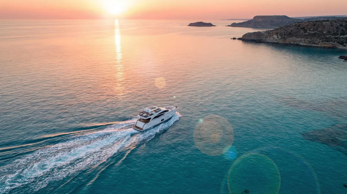 Aerial view of a white motor yacht cruising beside a rocky coastline at sunset