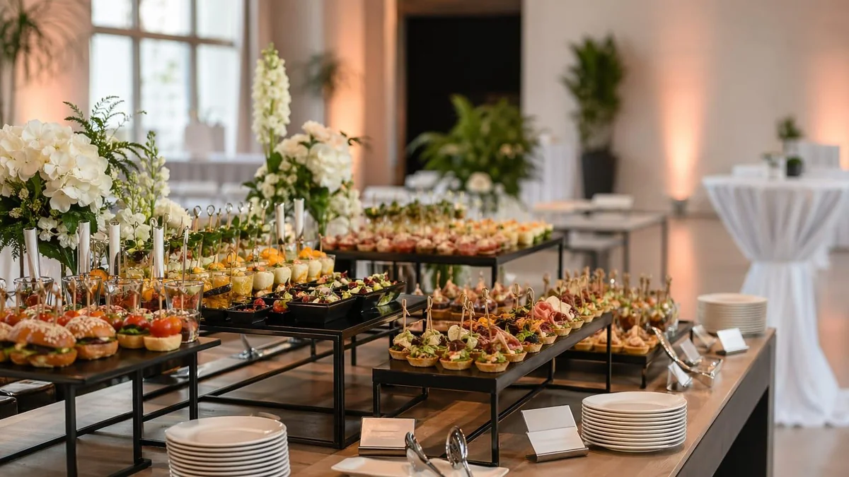 Tiered buffet display of bite-sized appetizers with white floral arrangements