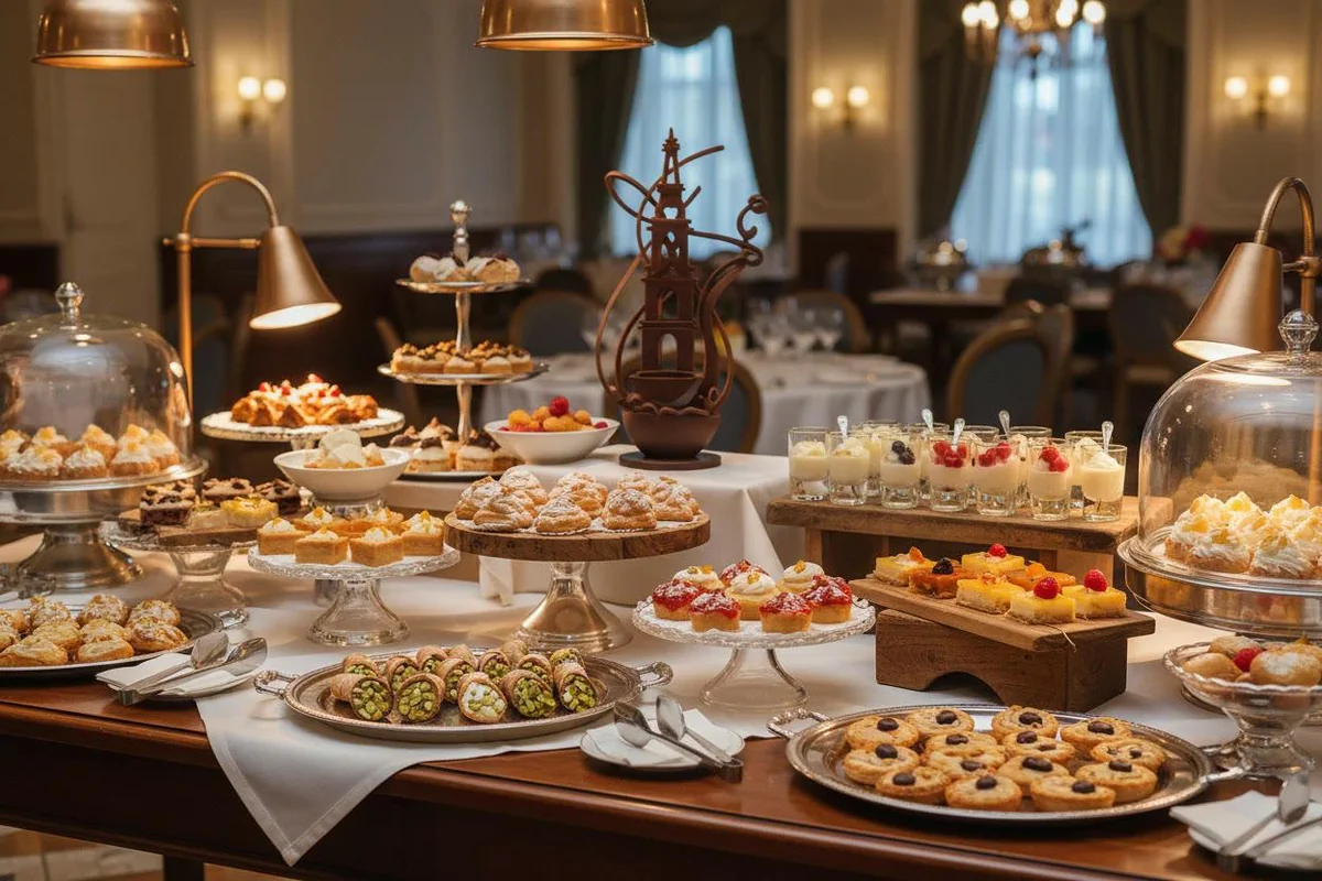 Dessert buffet with pastries, cookies and individual dessert glasses on tiered stands