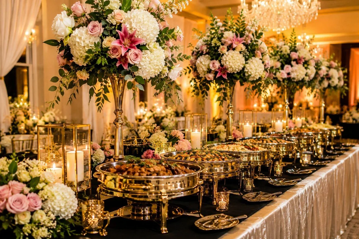 Banquet buffet with gold serving dishes, tall floral arrangements and candles