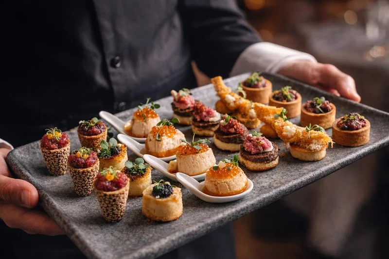Server carrying a tray of assorted garnished canapes