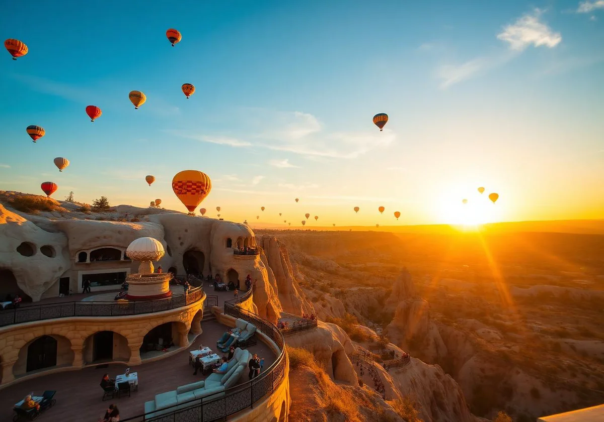 Hot air balloons above rocky valleys and a terraced cave hotel at sunrise