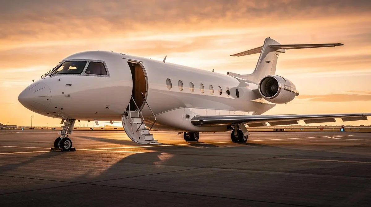 White private jet with boarding stairs on an airport apron at sunset