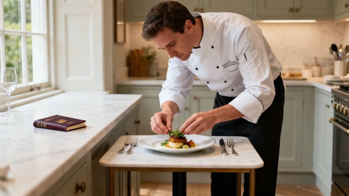 Chef in a white jacket adding garnish to a plated meal in a bright private kitchen